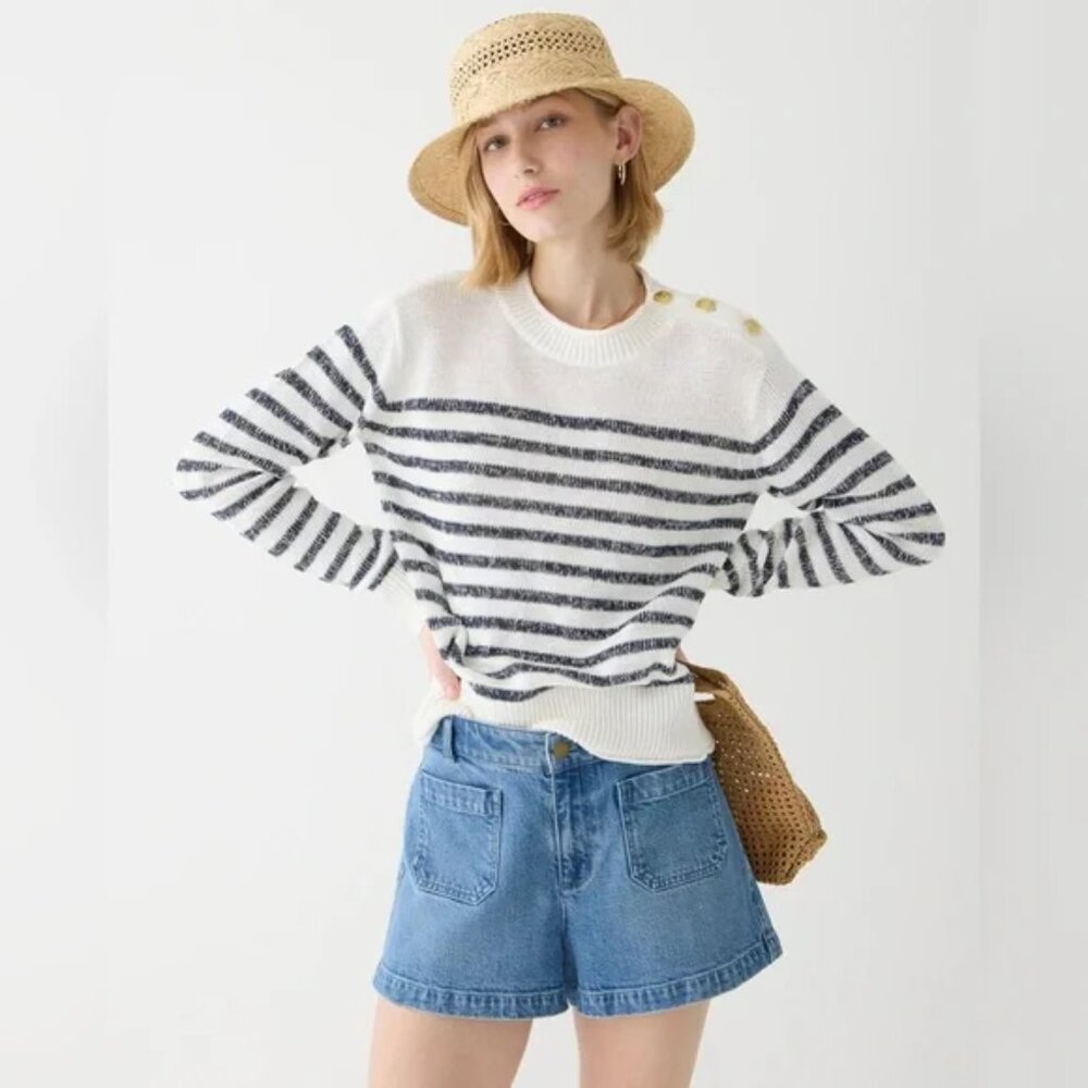 J Crew‎ Relaxed Linen-Blend Beach Sweater with Shoulder Buttons in Stripe Sz S